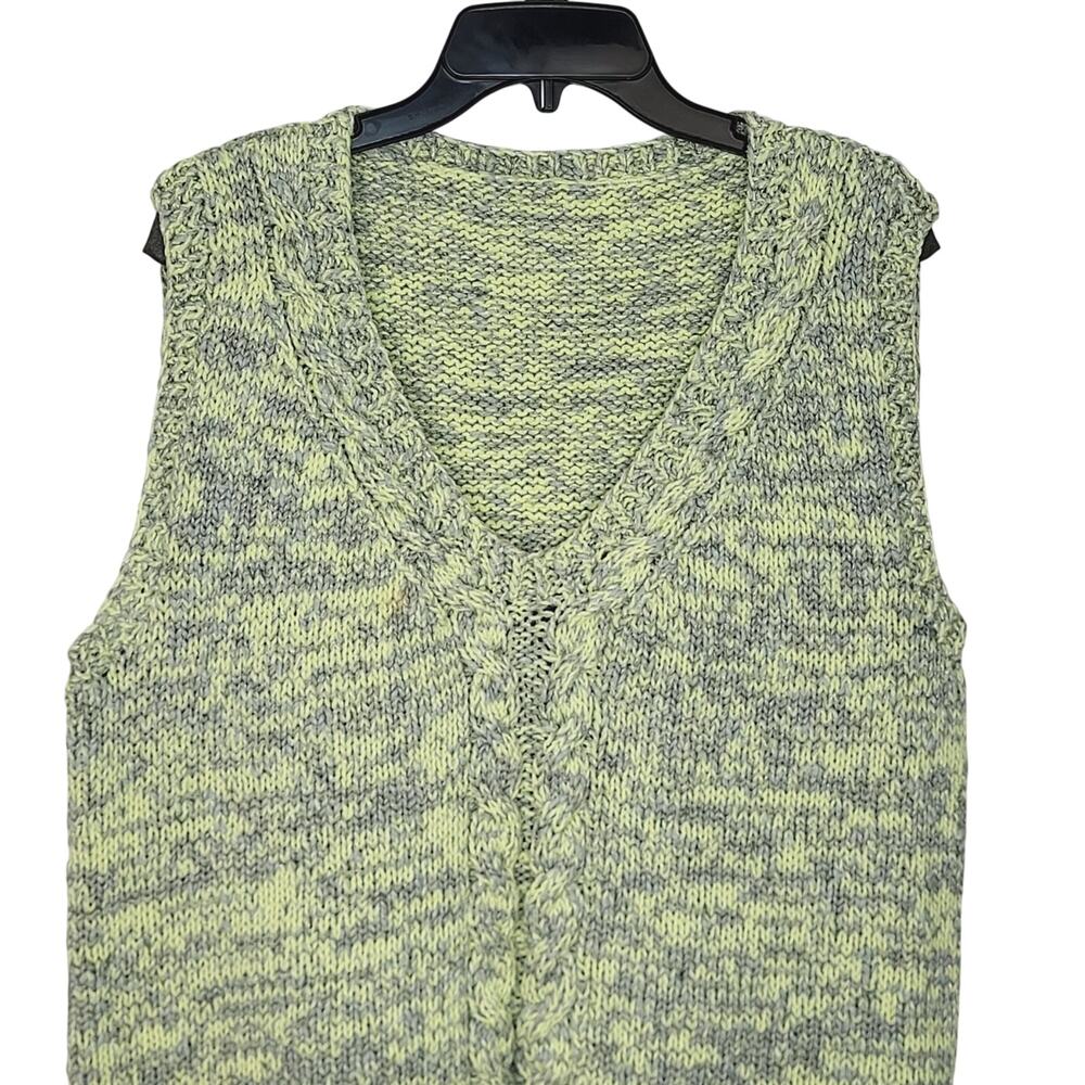 Handknit Green Gray w/Silver Threads Cable Knit V-Neck Sweater Vest Size Large
